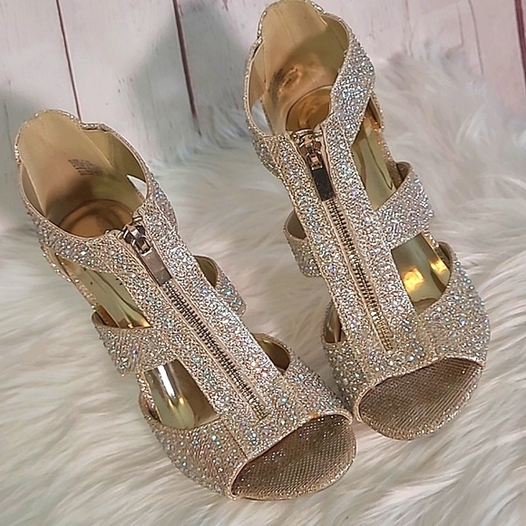 Rhinestone Bling Metallic Gold Heel Vegas Sparkly Stiletto Open Toe Heels Sz 7 - Picture 5 of 17
